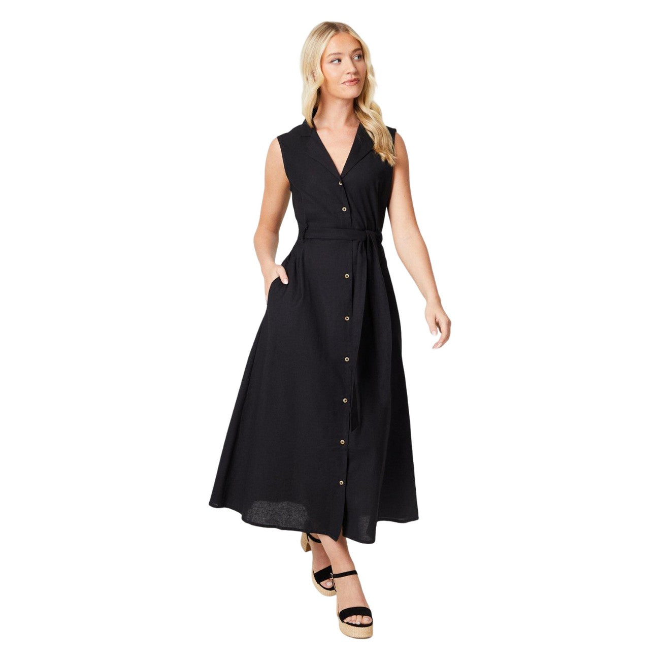 Black - Front - Dorothy Perkins Womens-Ladies Belt Sleeveless Midi Shirt Dress