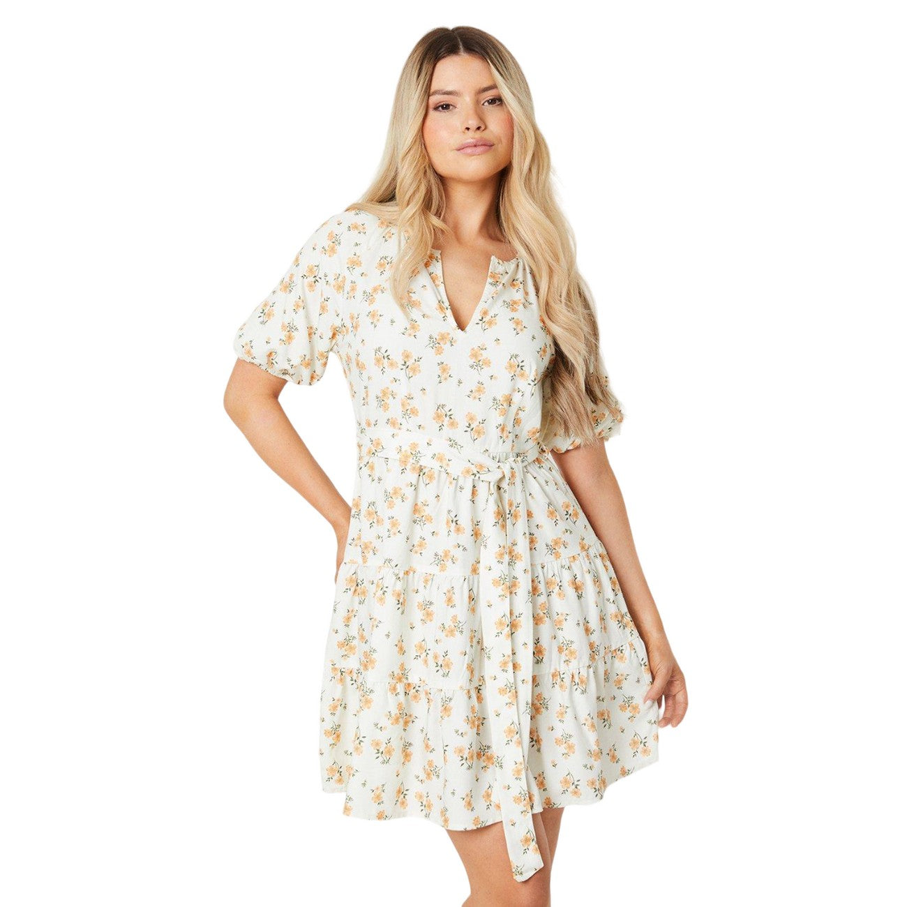 Ivory - Front - Dorothy Perkins Womens-Ladies Ditsy Print Tiered Puffed Mini Dress