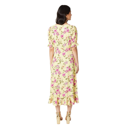 Yellow - Back - Dorothy Perkins Womens-Ladies Floral V Neck Puff Sleeve Midi Dress