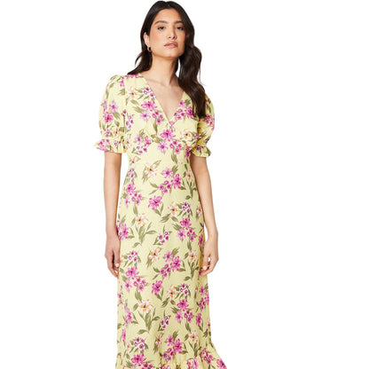 Yellow - Side - Dorothy Perkins Womens-Ladies Floral V Neck Puff Sleeve Midi Dress