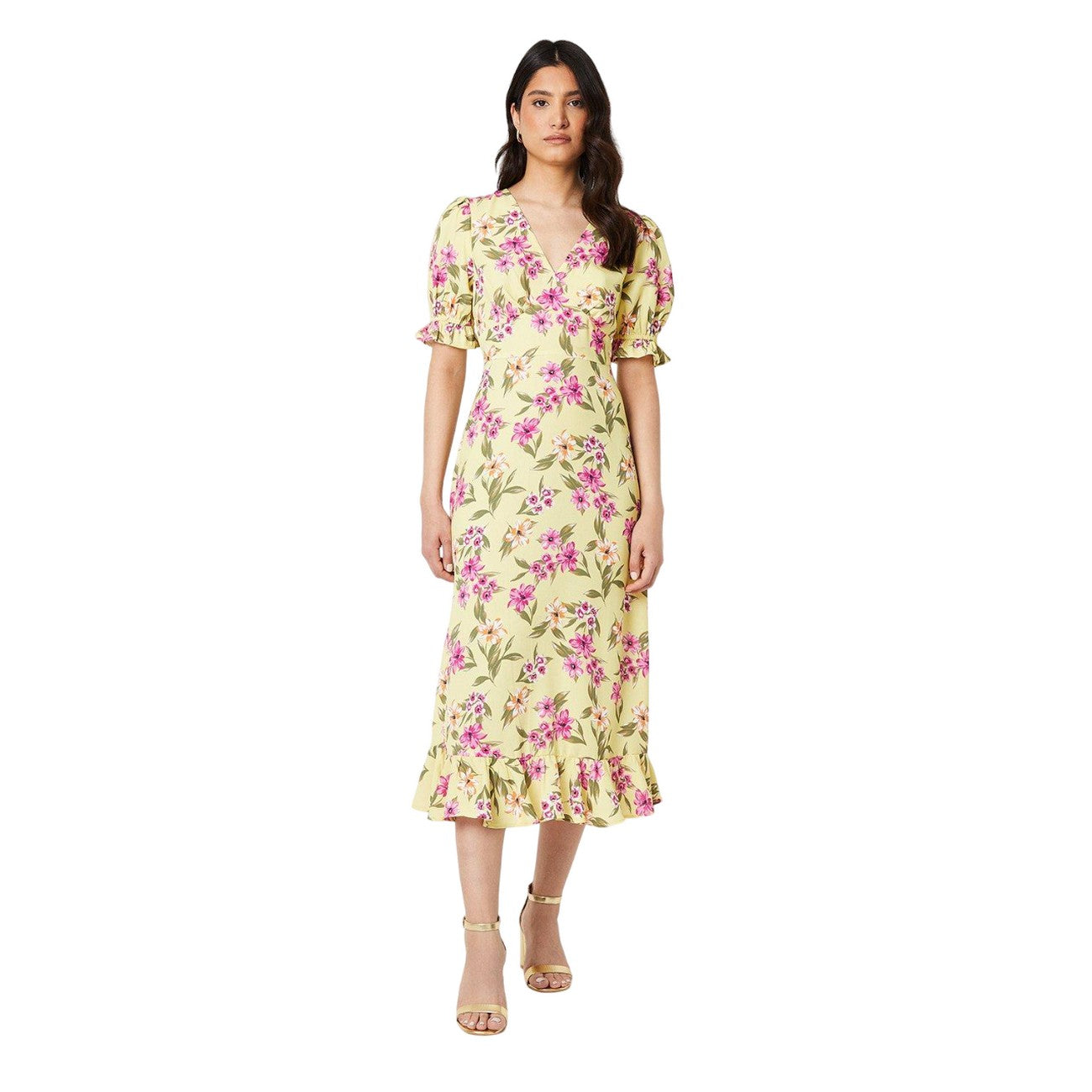 Yellow - Front - Dorothy Perkins Womens-Ladies Floral V Neck Puff Sleeve Midi Dress