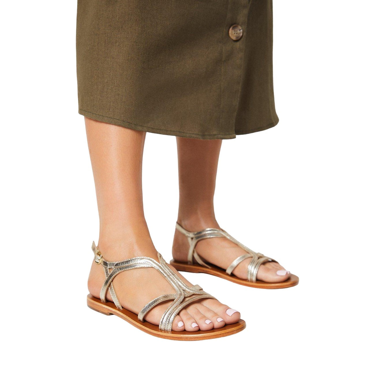 Gold - Side - Dorothy Perkins Womens-Ladies Janet Leather T-Bar Strappy Sandals