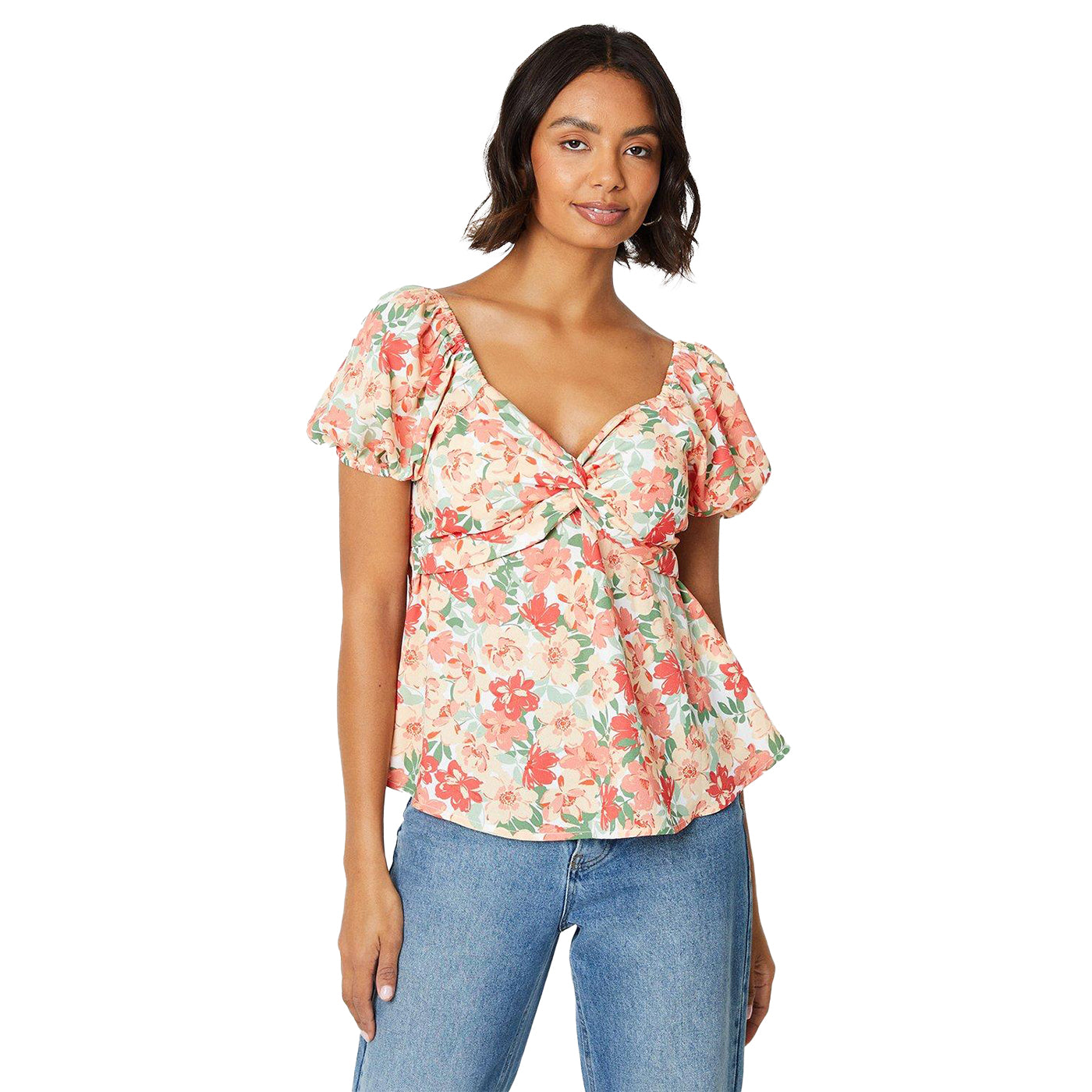 White-Red-Green - Front - Dorothy Perkins Womens-Ladies Floral Twisted Knot Front Blouse