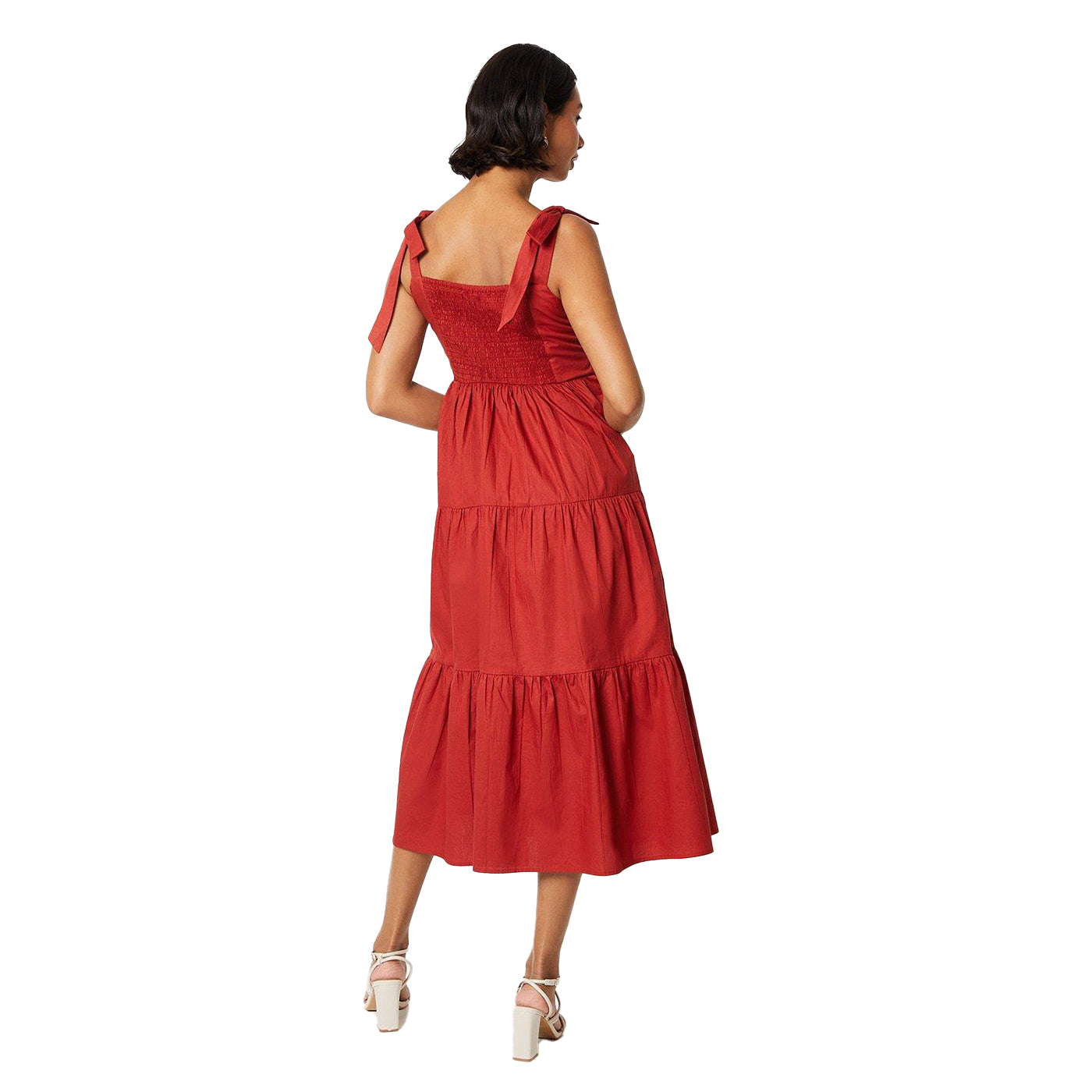 Rust - Back - Dorothy Perkins Womens-Ladies Tiered Tie Shoulder Petite Midi Dress