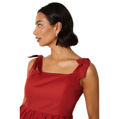 Rust - Side - Dorothy Perkins Womens-Ladies Tiered Tie Shoulder Petite Midi Dress