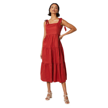 Rust - Front - Dorothy Perkins Womens-Ladies Tiered Tie Shoulder Petite Midi Dress