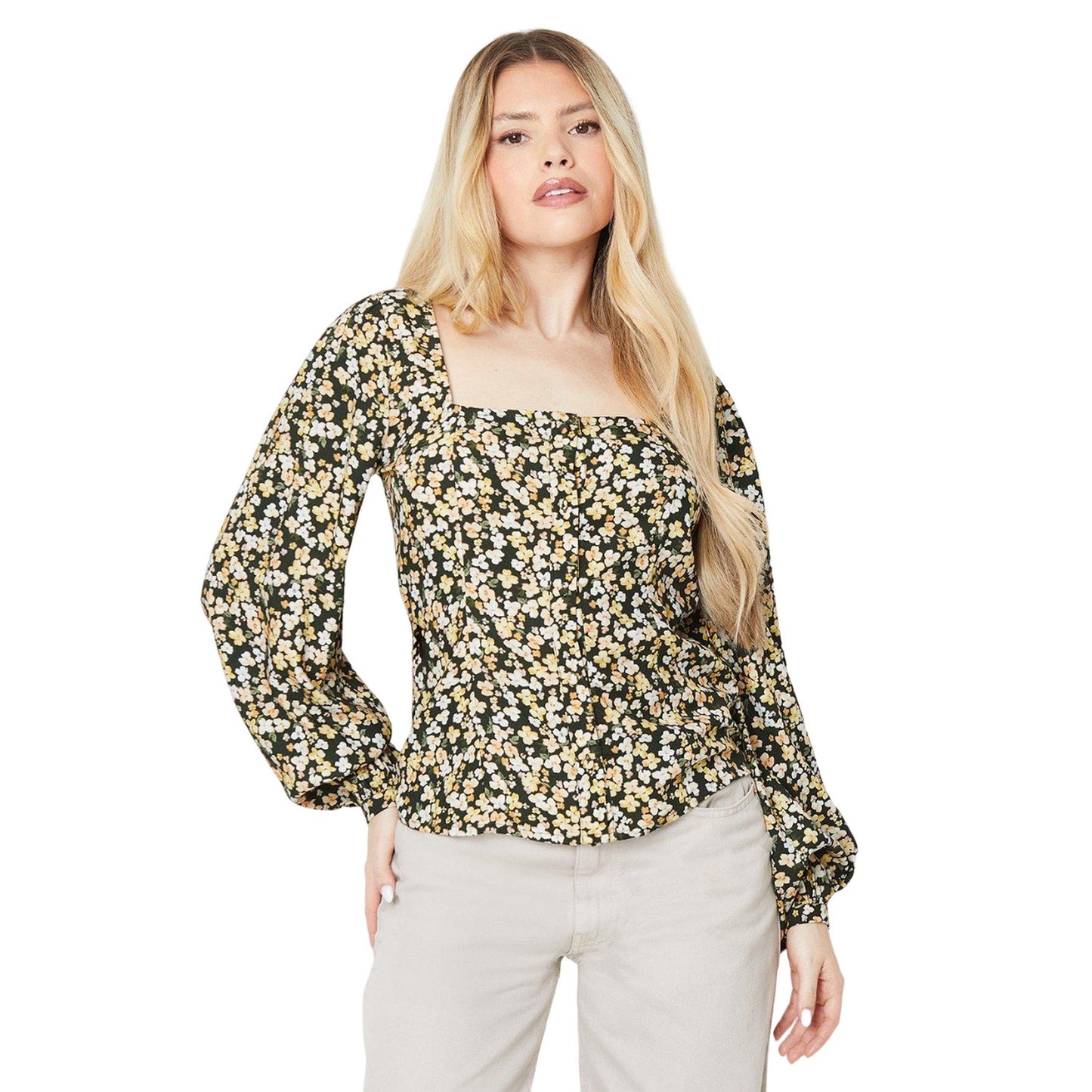 Black-Yellow-White - Front - Dorothy Perkins Womens-Ladies Ditsy Floral Long-Sleeved Blouse