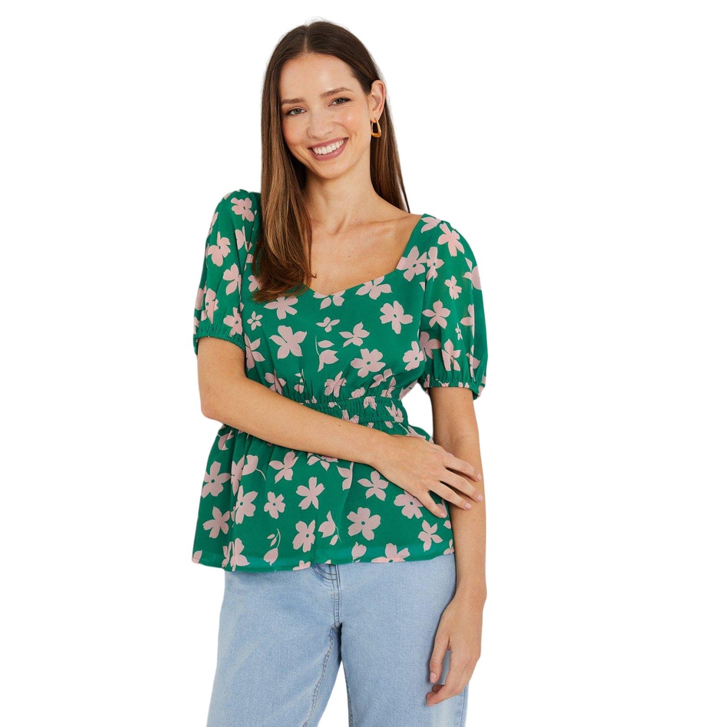 Green - Side - Dorothy Perkins Womens-Ladies Ditsy Floral Peplum Puff Sleeve Blouse