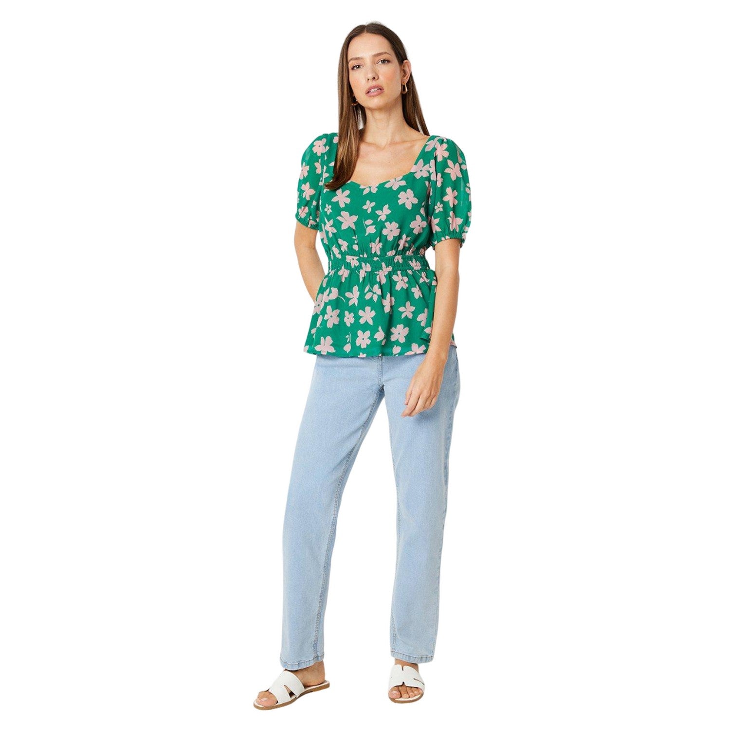 Green - Lifestyle - Dorothy Perkins Womens-Ladies Ditsy Floral Peplum Puff Sleeve Blouse