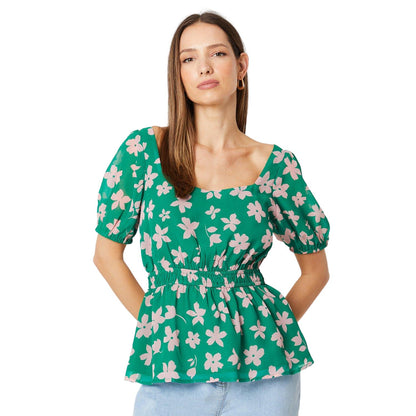 Green - Front - Dorothy Perkins Womens-Ladies Ditsy Floral Peplum Puff Sleeve Blouse