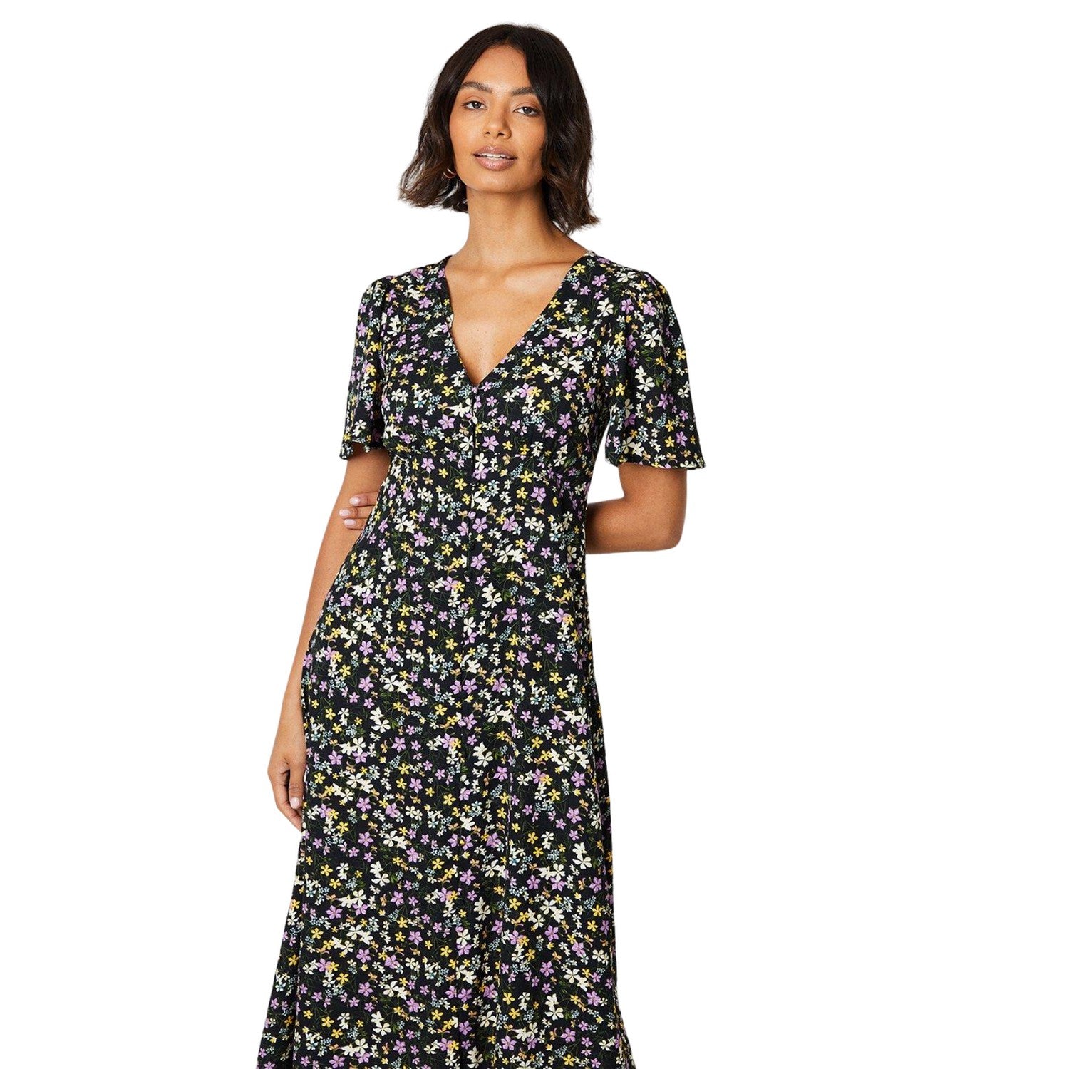 Black - Side - Dorothy Perkins Womens-Ladies Ditsy Print Button Front Midi Dress