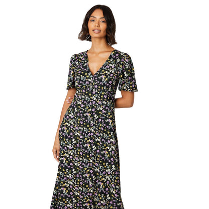 Black - Side - Dorothy Perkins Womens-Ladies Ditsy Print Button Front Midi Dress