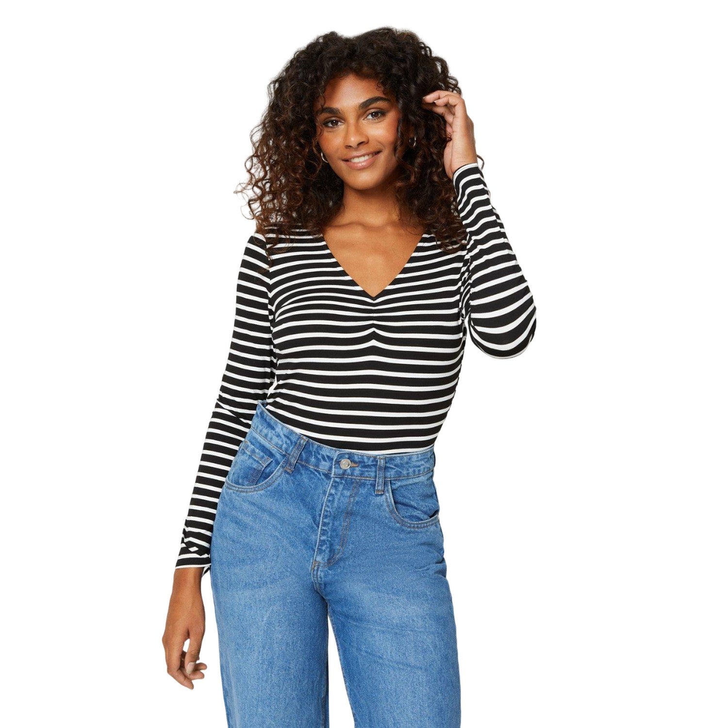 Black-White - Side - Dorothy Perkins Womens-Ladies Stripe Ruched Front Long-Sleeved Top