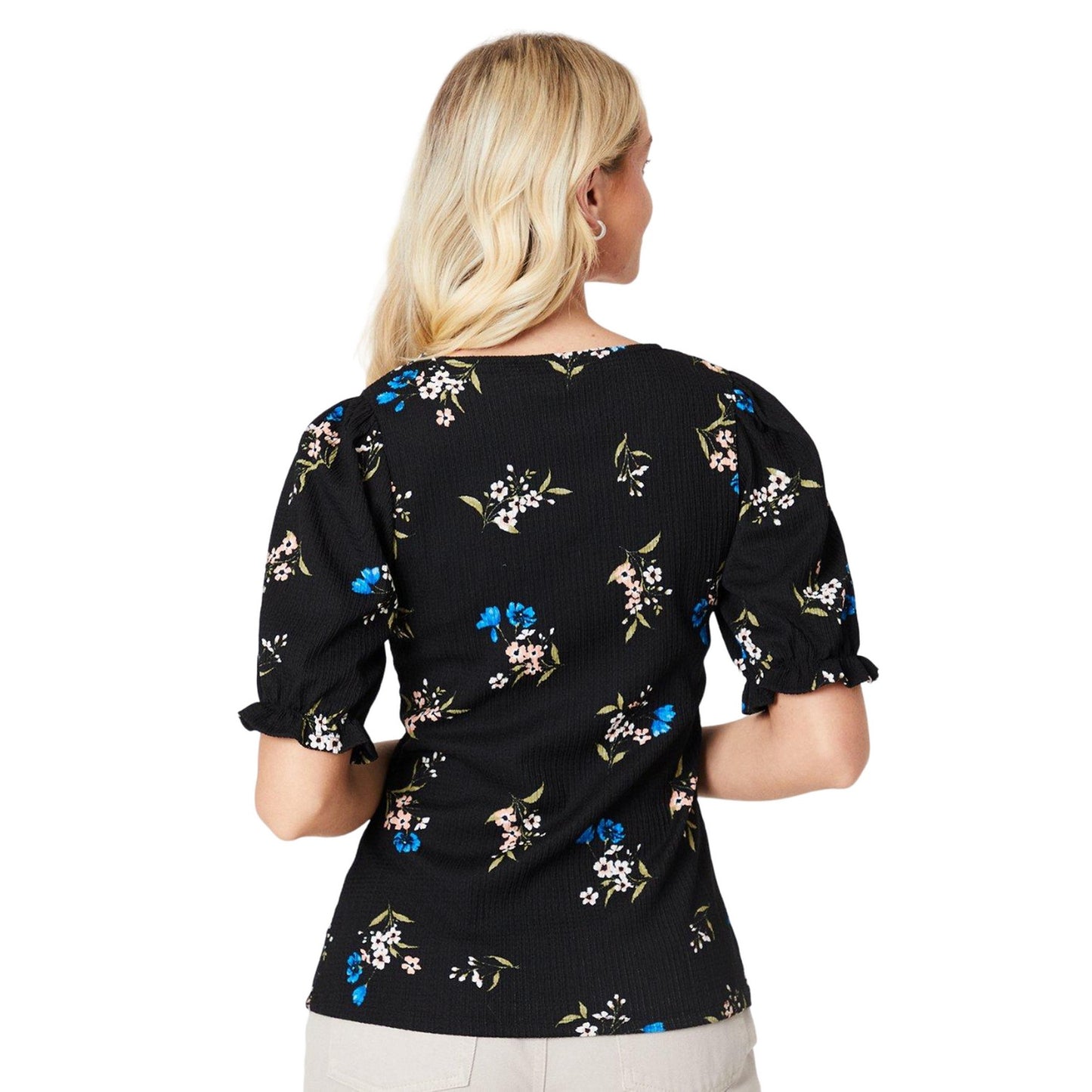 Black - Back - Dorothy Perkins Womens-Ladies Floral V Neck Short-Sleeved Top