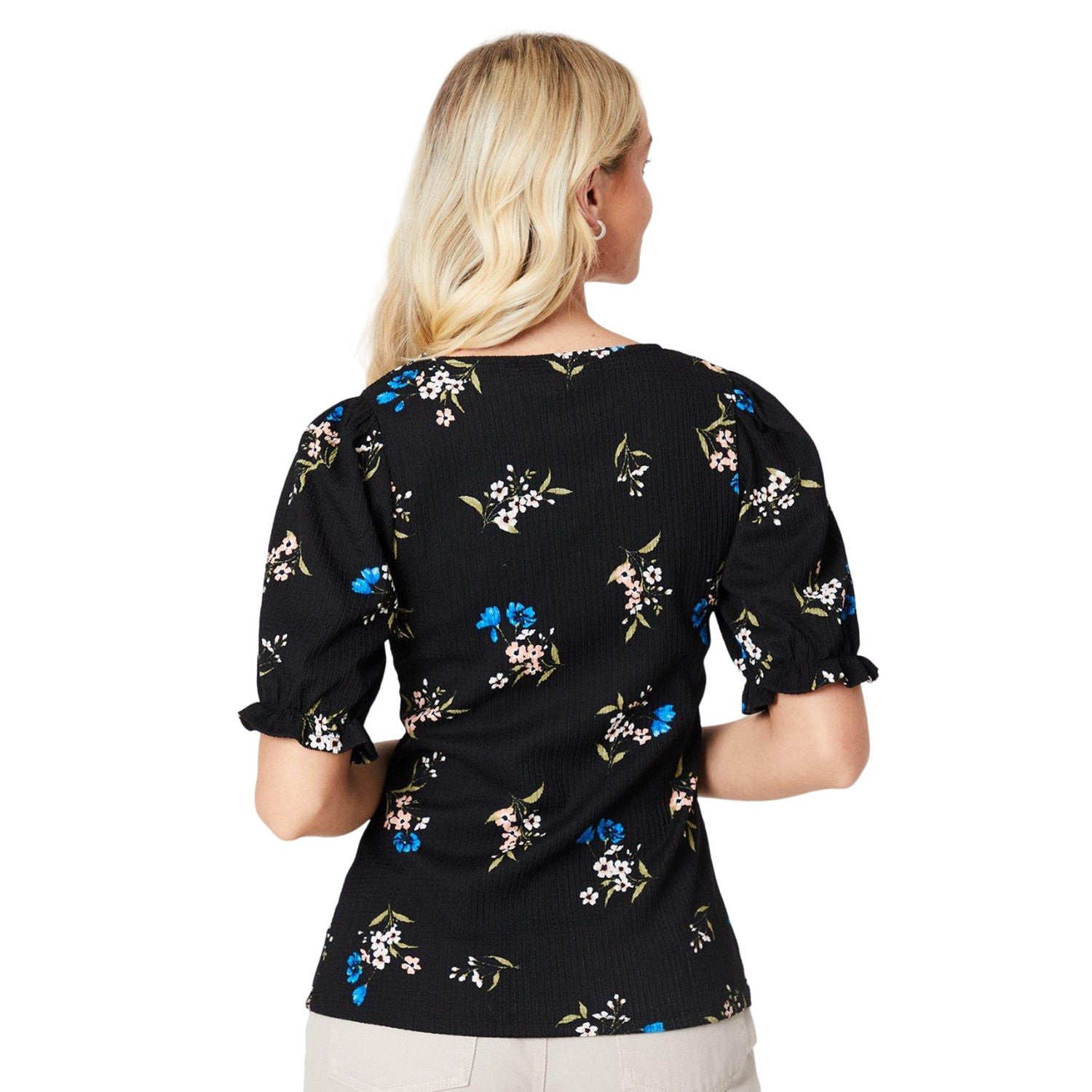 Black - Back - Dorothy Perkins Womens-Ladies Floral V Neck Short-Sleeved Top