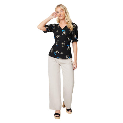 Black - Side - Dorothy Perkins Womens-Ladies Floral V Neck Short-Sleeved Top