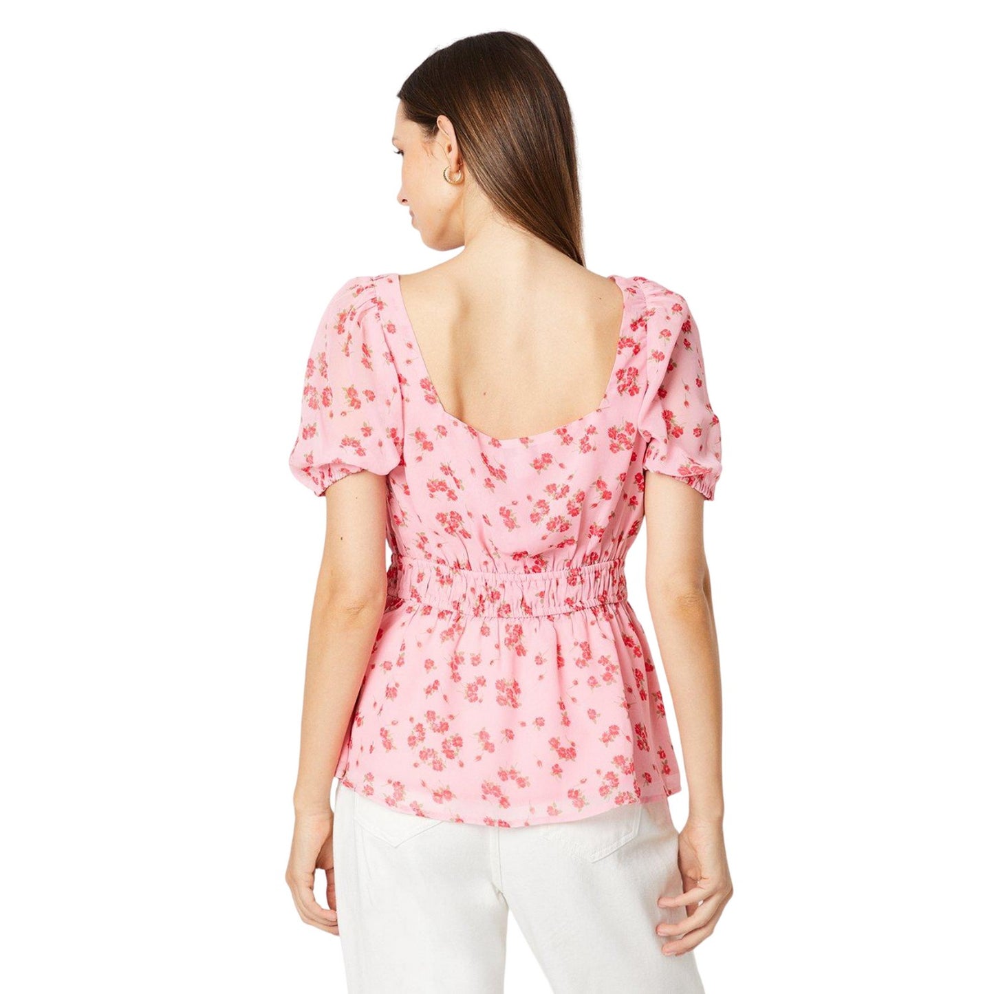 Pink - Back - Dorothy Perkins Womens-Ladies Ditsy Print Frill Neck Puff Sleeve Blouse