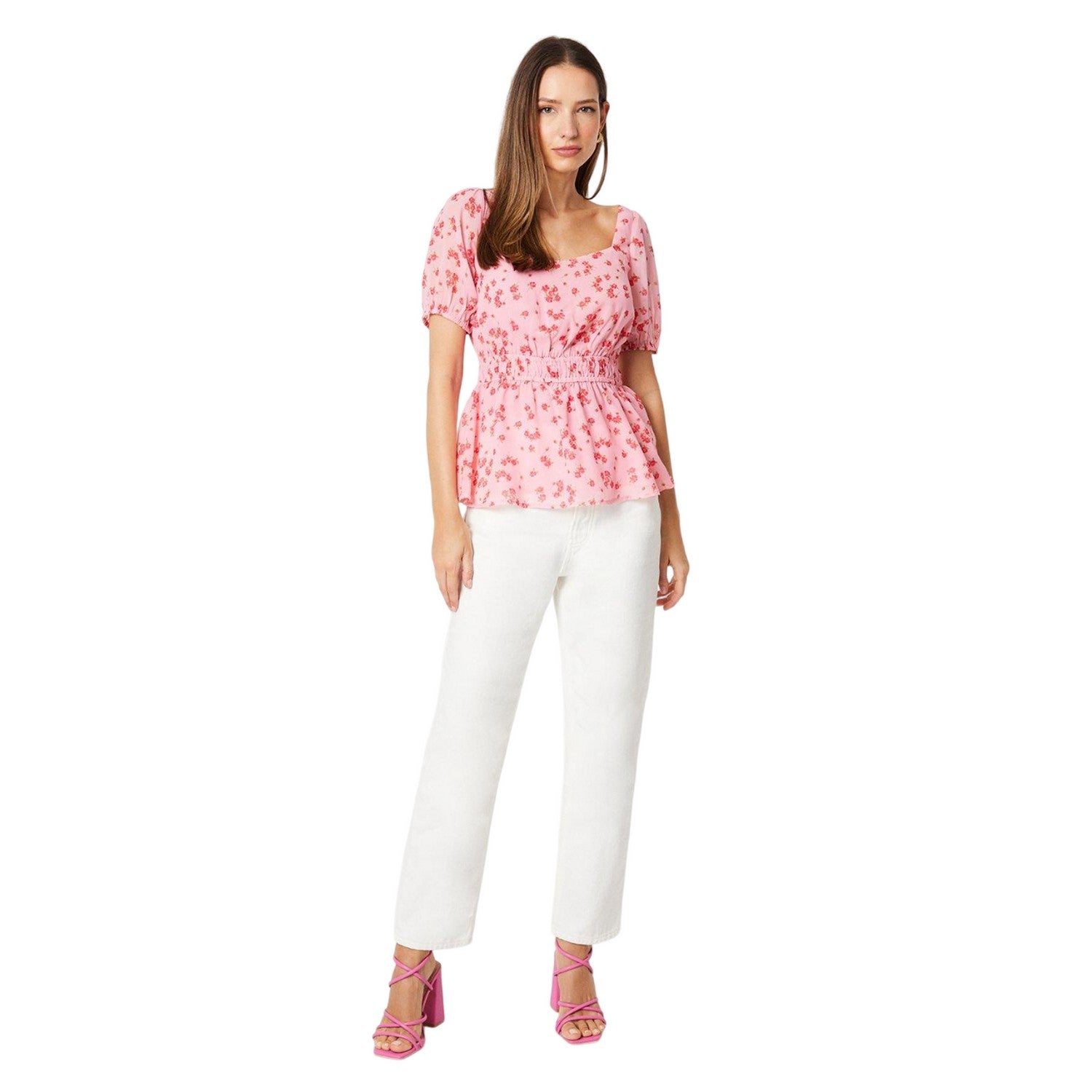 Pink - Side - Dorothy Perkins Womens-Ladies Ditsy Print Frill Neck Puff Sleeve Blouse
