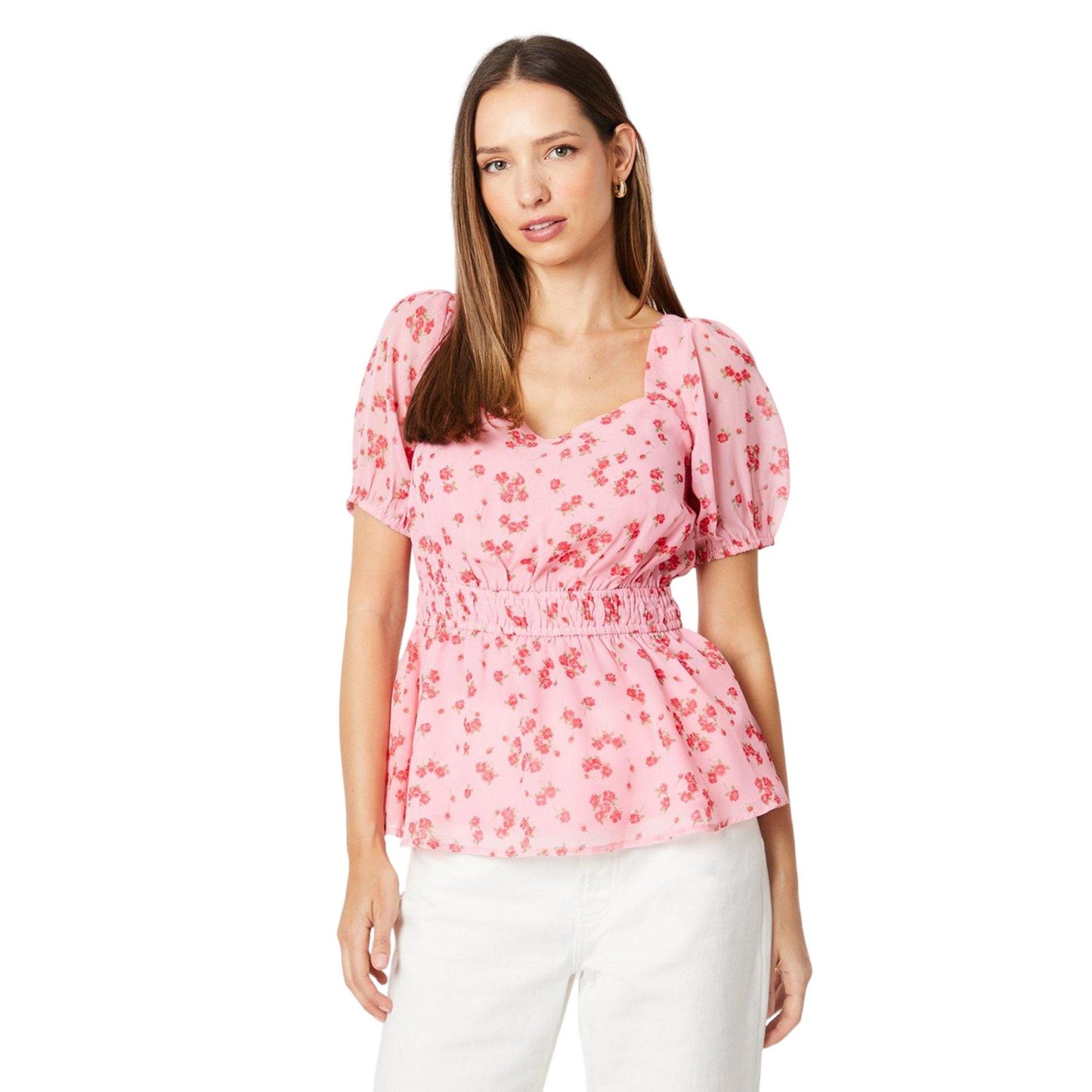 Pink - Front - Dorothy Perkins Womens-Ladies Ditsy Print Frill Neck Puff Sleeve Blouse