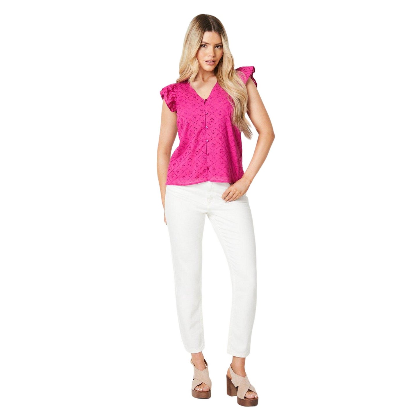 Fuchsia - Side - Dorothy Perkins Womens-Ladies Embroidered Ruffle Blouse