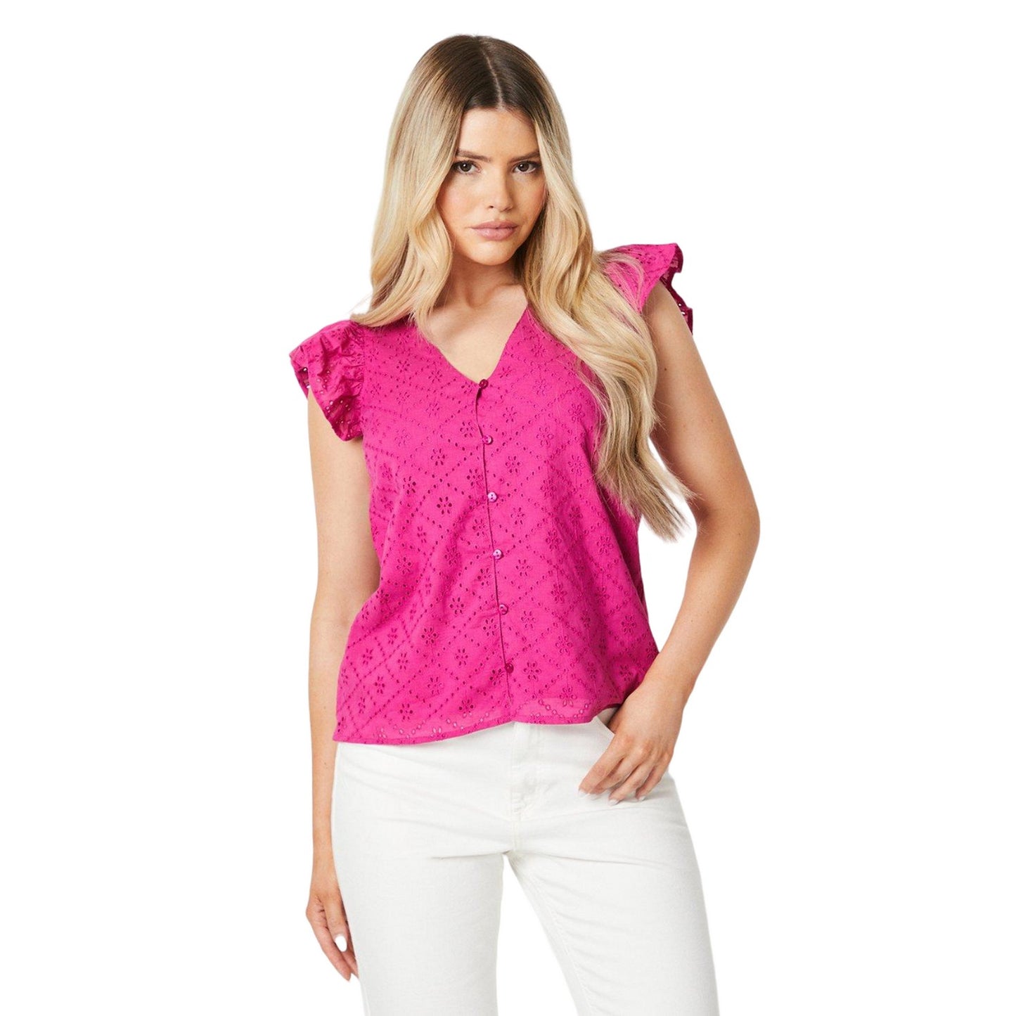 Fuchsia - Front - Dorothy Perkins Womens-Ladies Embroidered Ruffle Blouse