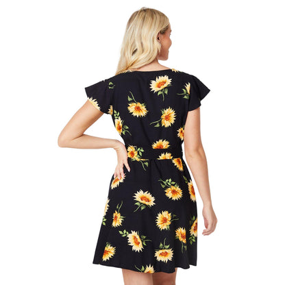 Black-Yellow - Back - Dorothy Perkins Womens-Ladies Sunflower Button Front Mini Dress