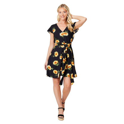 Black-Yellow - Side - Dorothy Perkins Womens-Ladies Sunflower Button Front Mini Dress