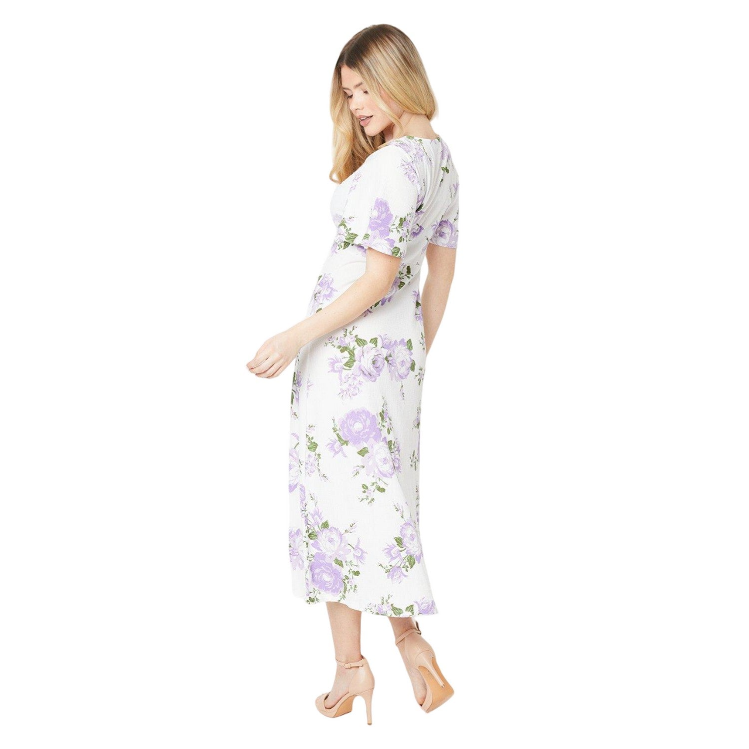 White-Purple - Back - Dorothy Perkins Womens-Ladies Floral Ruched Front Midi Dress