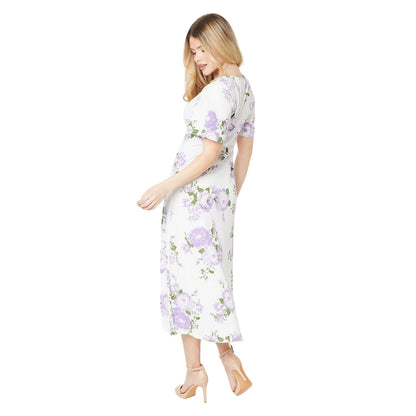 White-Purple - Back - Dorothy Perkins Womens-Ladies Floral Ruched Front Midi Dress