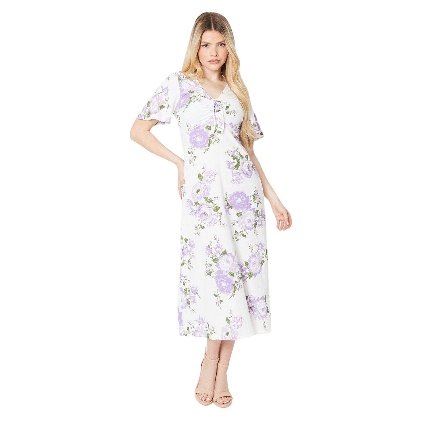 White-Purple - Front - Dorothy Perkins Womens-Ladies Floral Ruched Front Midi Dress