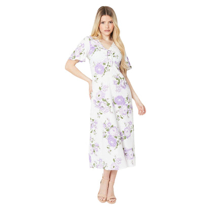 White-Purple - Front - Dorothy Perkins Womens-Ladies Floral Ruched Front Midi Dress