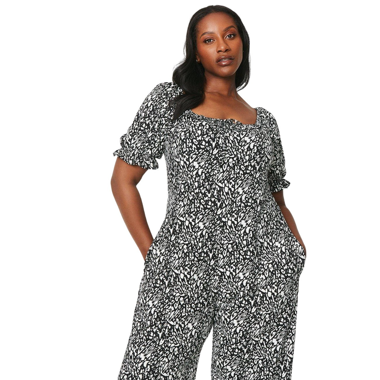 Black-White - Side - Dorothy Perkins Womens-Ladies Monochrome Ruffle Neck Plus Jumpsuit