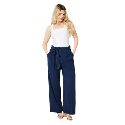 Navy - Side - Dorothy Perkins Womens-Ladies Belt Straight Leg Trousers