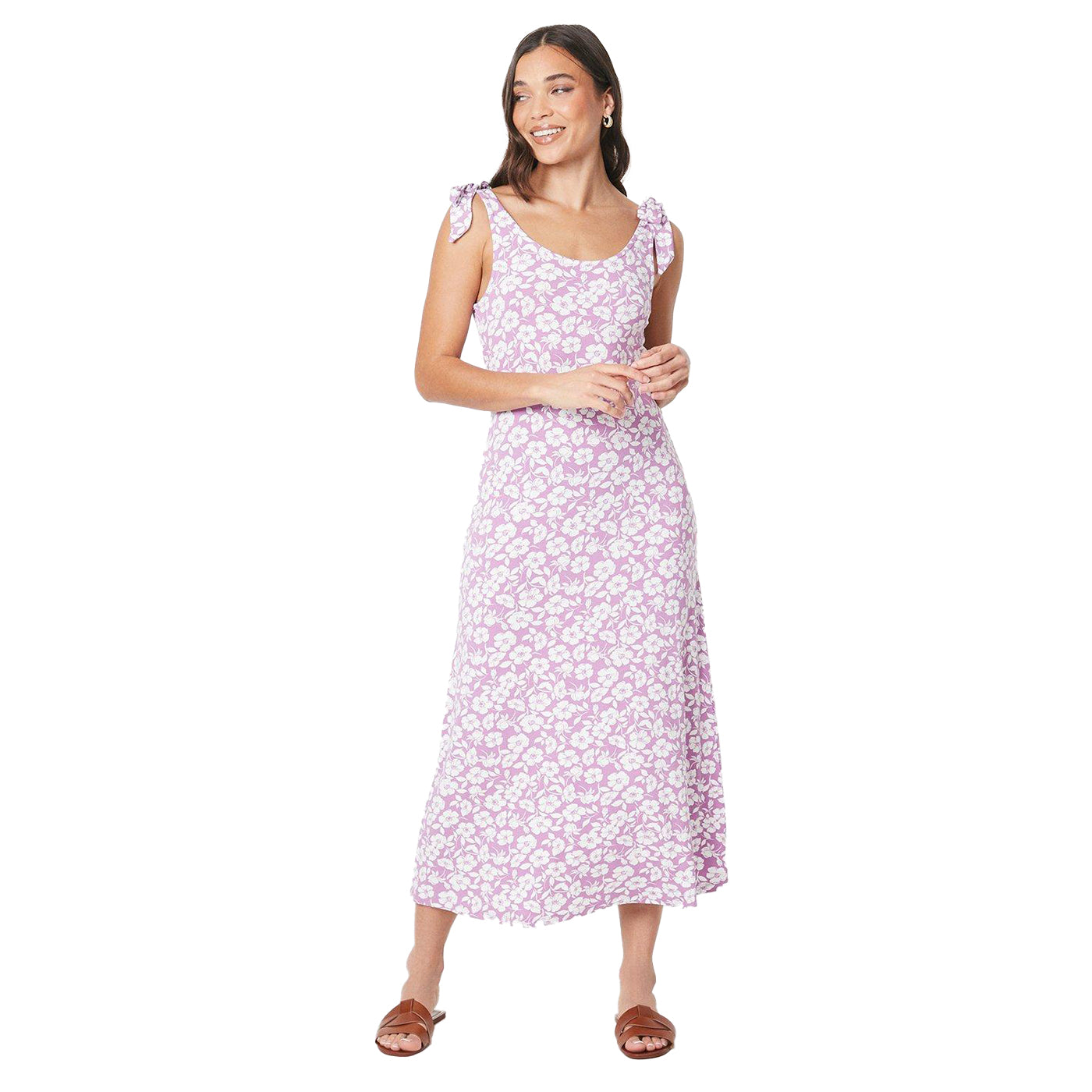 Pink-White - Front - Dorothy Perkins Womens-Ladies Scoop Neck Petite Midi Dress