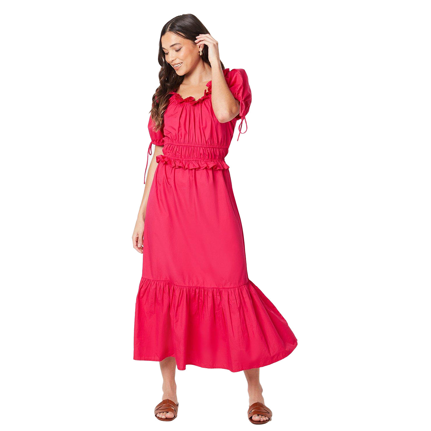 Hot Pink - Front - Dorothy Perkins Womens-Ladies Tiered Poplin Frill Petite Midi Dress