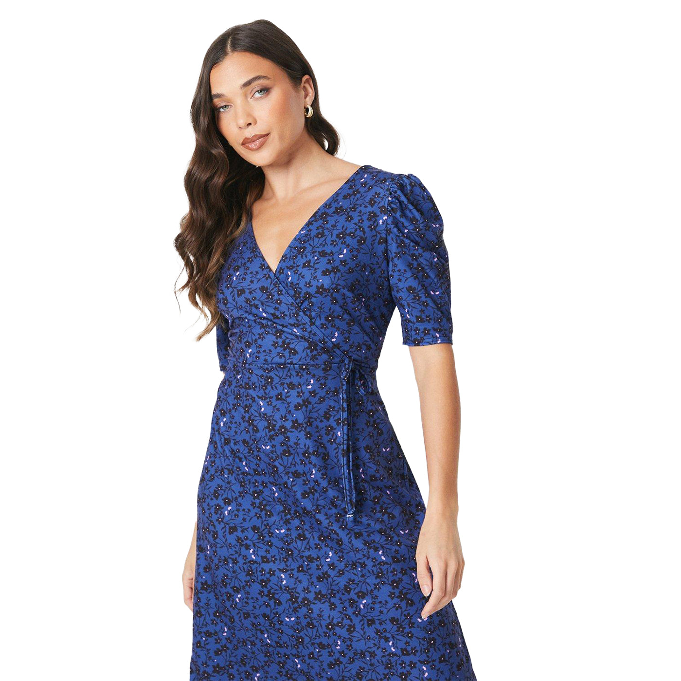 Blue - Lifestyle - Dorothy Perkins Womens-Ladies Floral V Neck Petite Short-Sleeved Midi Dress