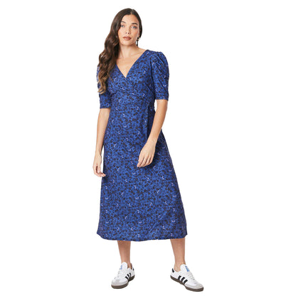 Blue - Front - Dorothy Perkins Womens-Ladies Floral V Neck Petite Short-Sleeved Midi Dress