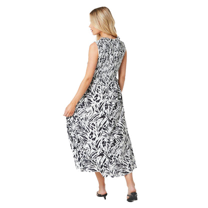 Monochrome - Back - Dorothy Perkins Womens-Ladies Abstract Shirred Bodice Petite Midi Dress