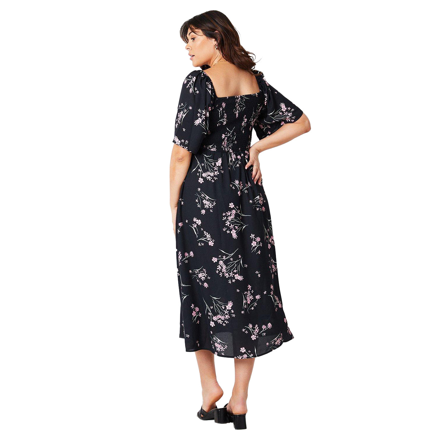 Pink - Back - Dorothy Perkins Womens-Ladies Floral Shirred Bodice Plus Midi Dress
