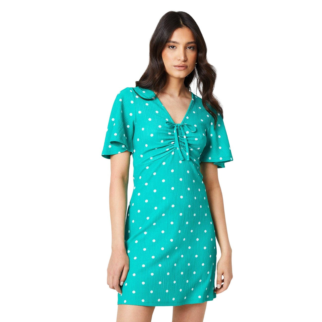 Green - Front - Dorothy Perkins Womens-Ladies Ruched Angel Sleeve Mini Dress