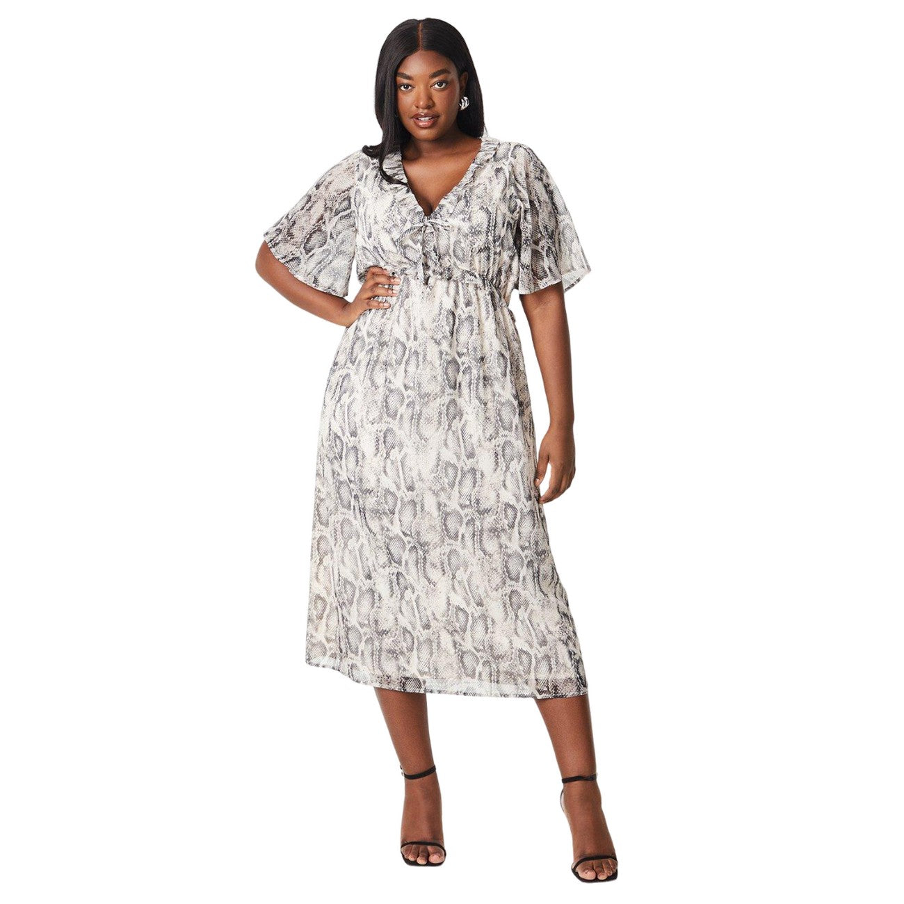 White-Grey - Front - Dorothy Perkins Womens-Ladies Snake Print Chiffon Frill Plus Midi Dress