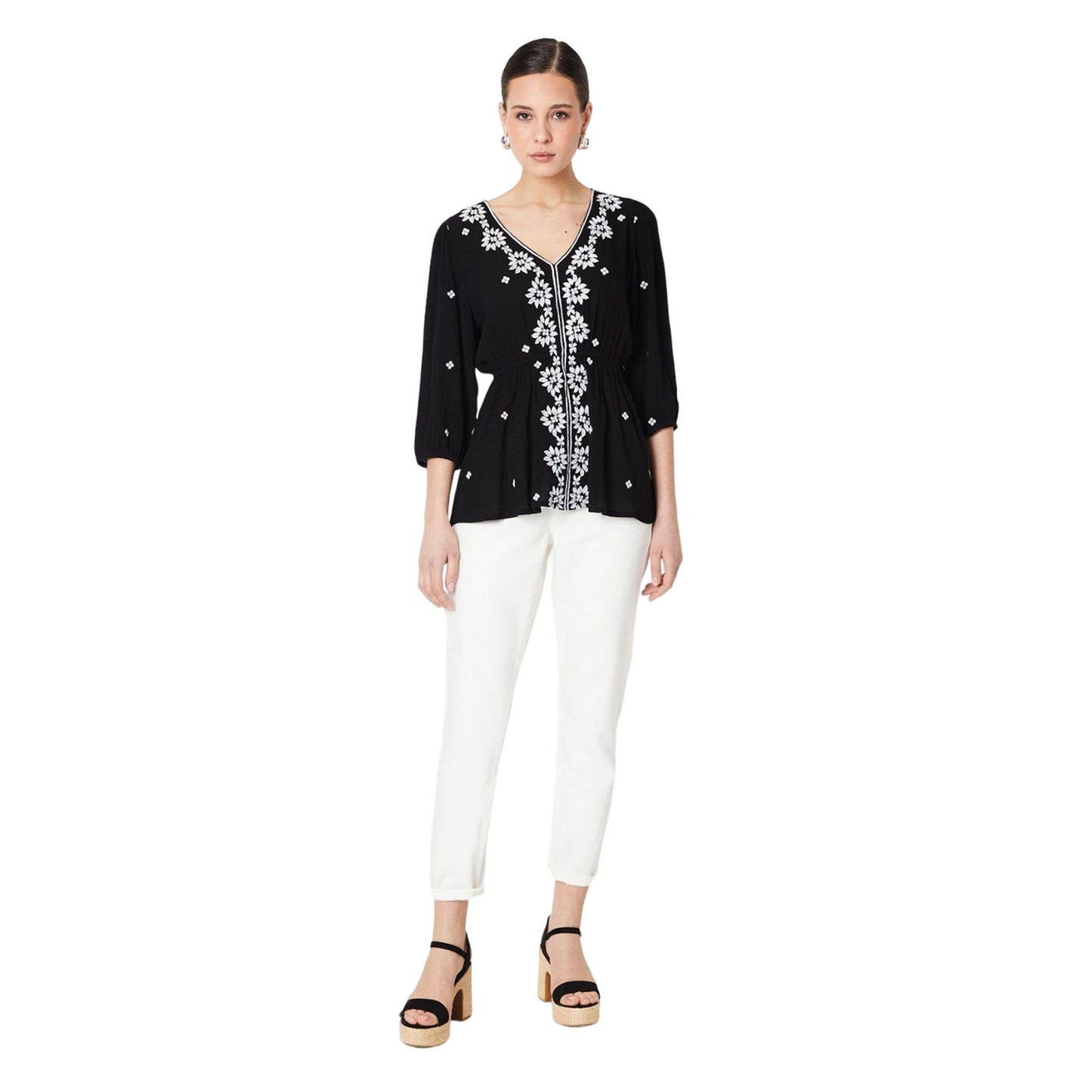 Black - Side - Dorothy Perkins Womens-Ladies Embroidered V Neck Top