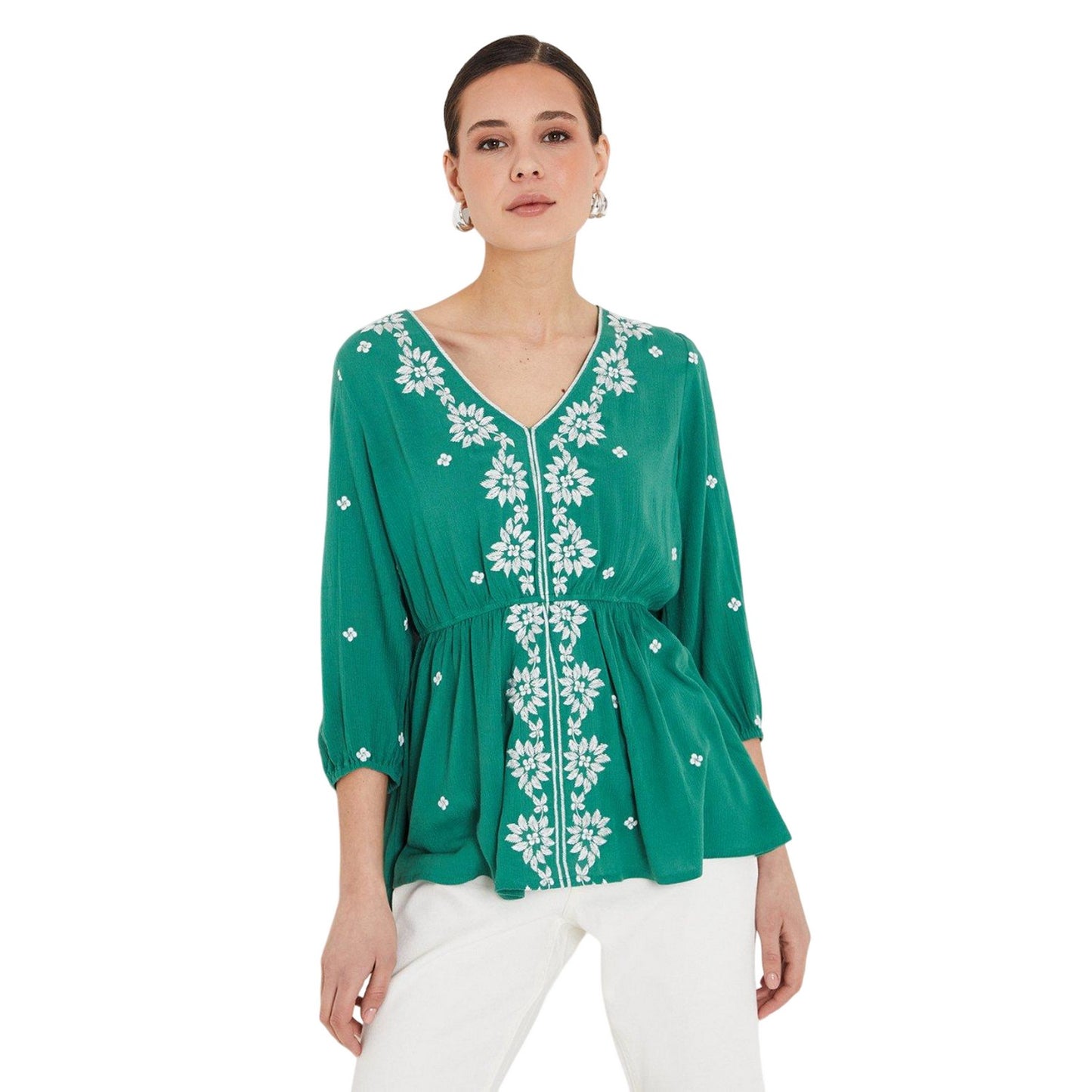 Khaki Green - Front - Dorothy Perkins Womens-Ladies Embroidered V Neck Top