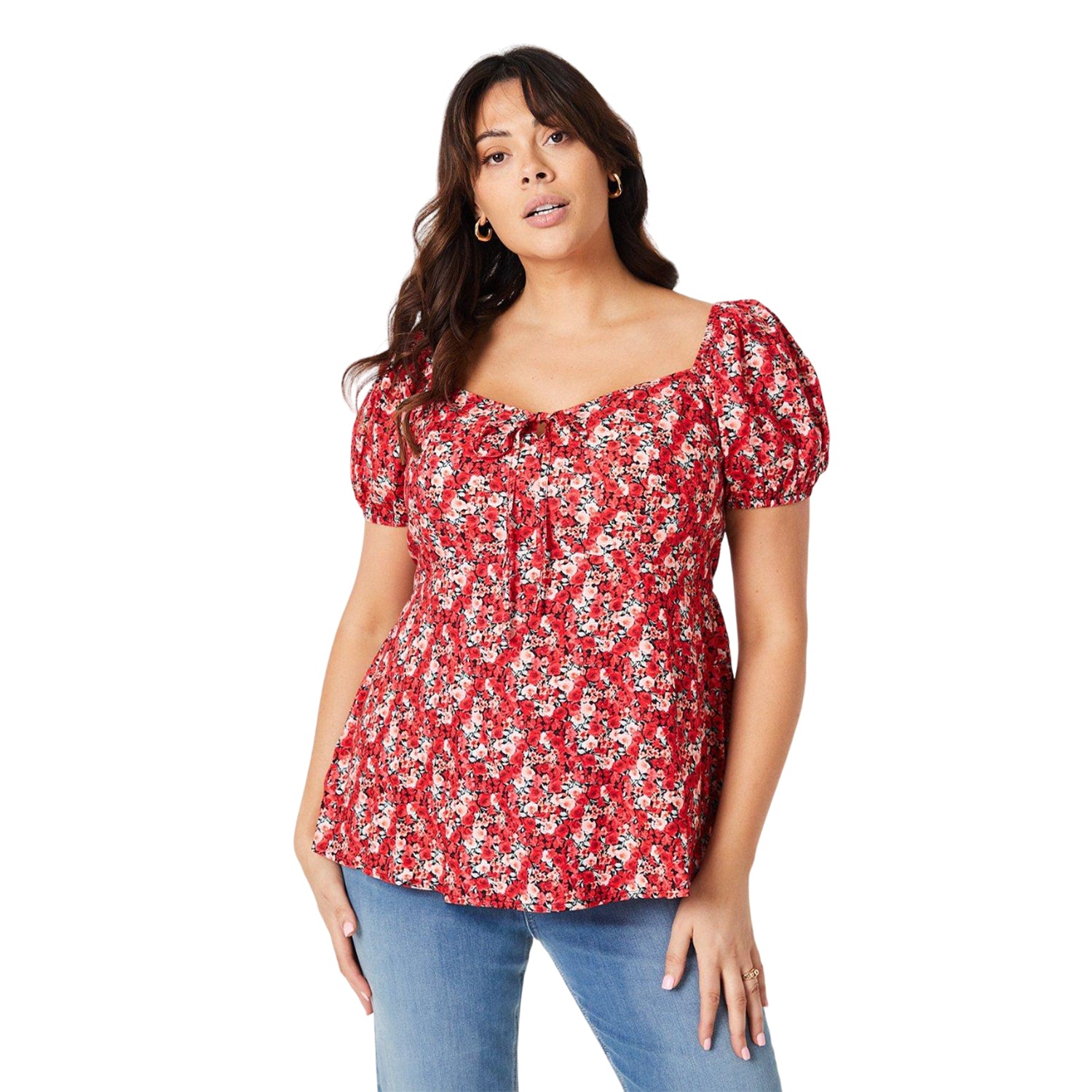 Red - Front - Dorothy Perkins Womens-Ladies Ditsy Floral Front Tie Curved Top
