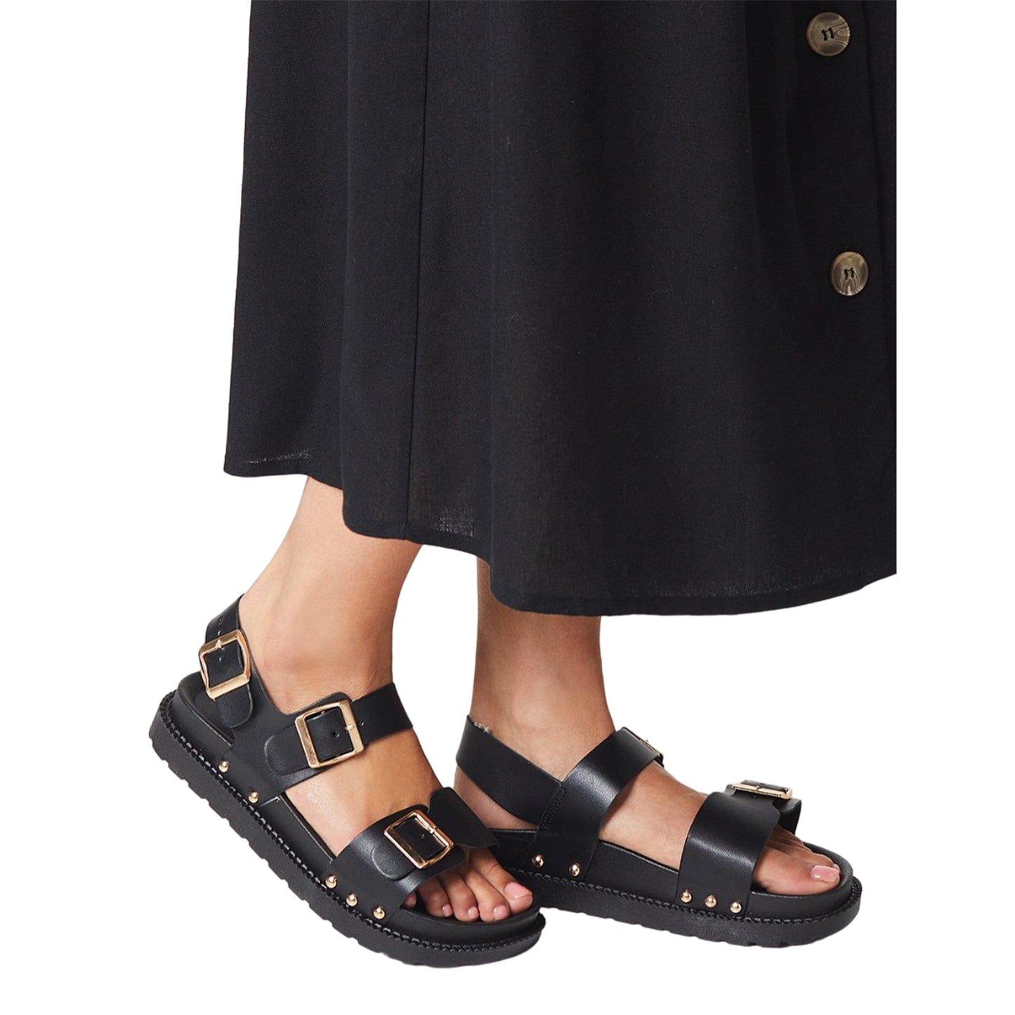 Black - Side - Faith Womens-Ladies Mina Studded Double Buckle Sandals
