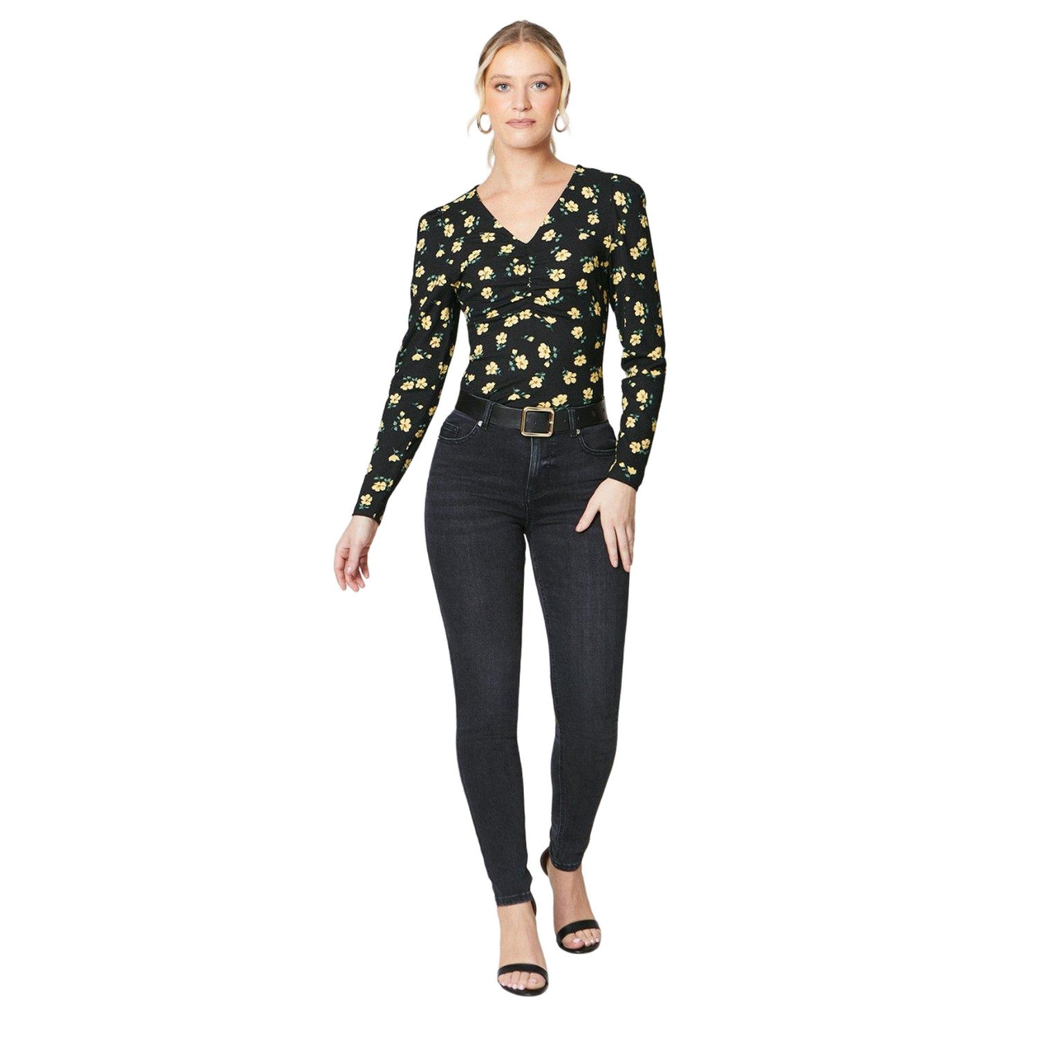 Yellow - Side - Dorothy Perkins Womens-Ladies Ruched Puff Shoulders Long-Sleeved Top