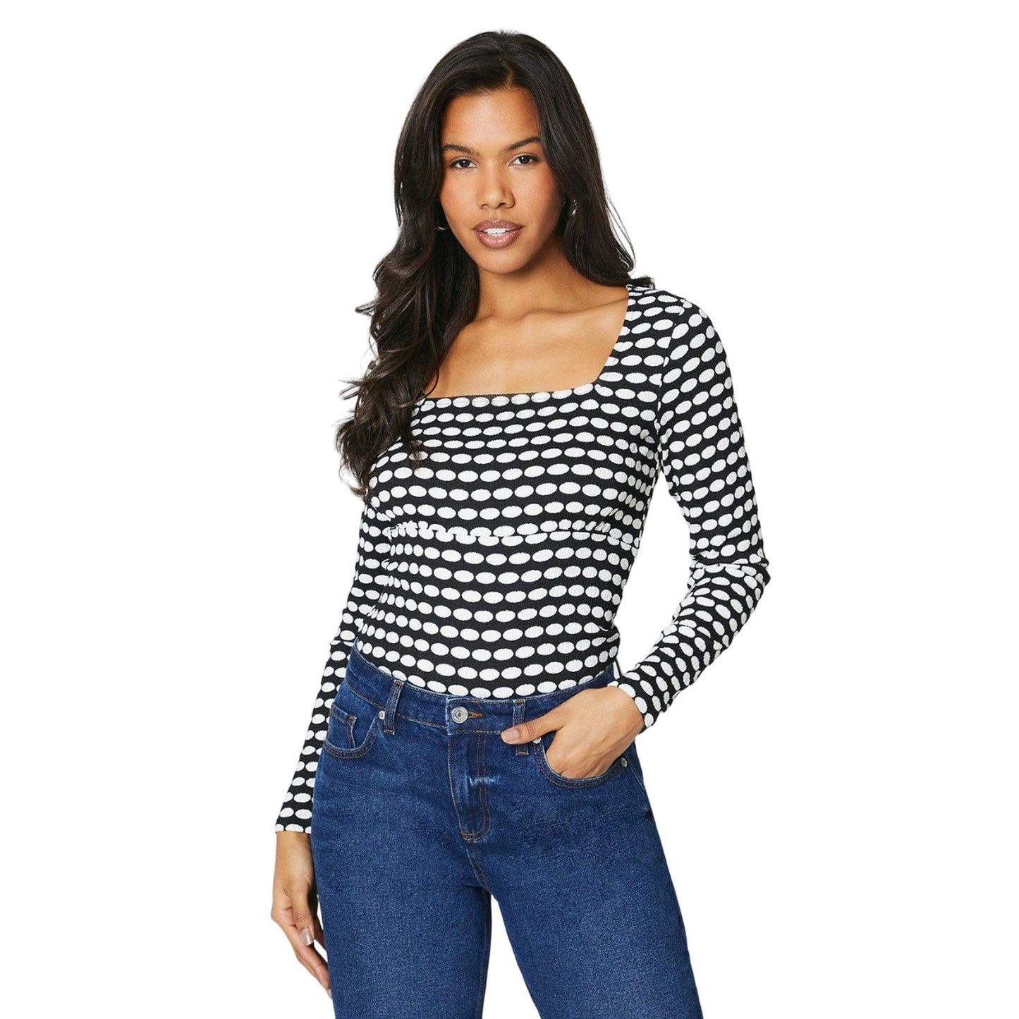 Black-White - Front - Dorothy Perkins Womens-Ladies Geometric Square Neck Long-Sleeved Top