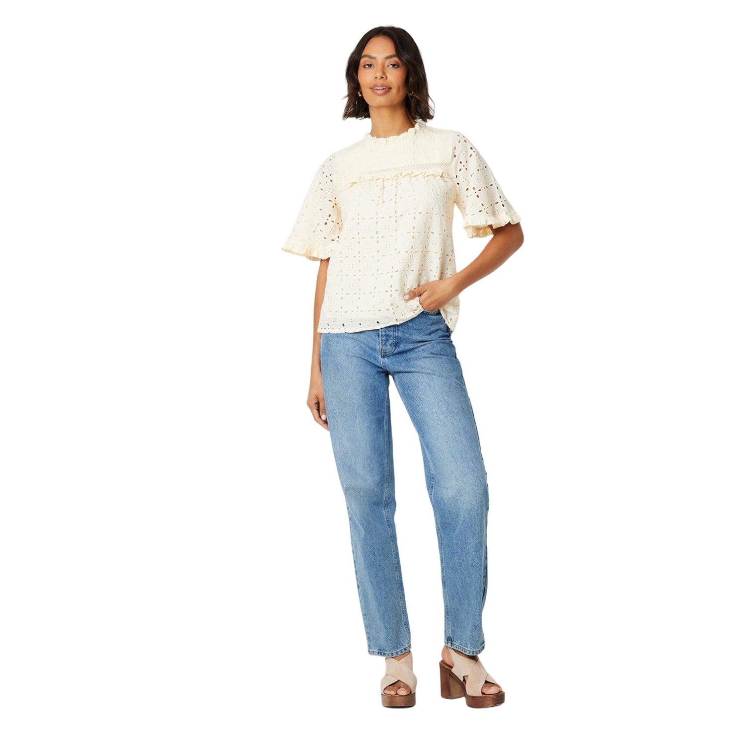 Ivory - Side - Dorothy Perkins Womens-Ladies Victorian Broderie Short-Sleeved Top