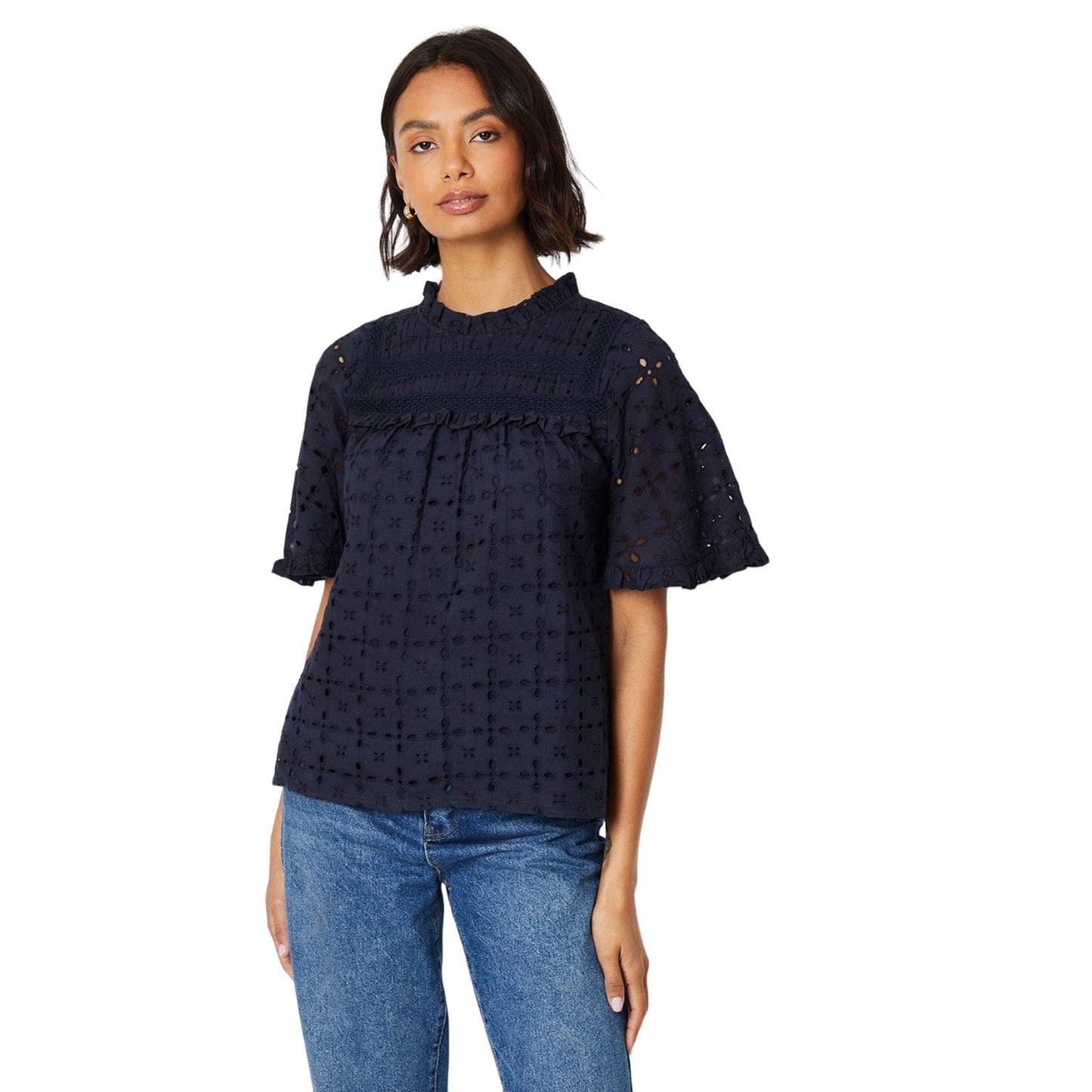 Navy - Front - Dorothy Perkins Womens-Ladies Victorian Broderie Short-Sleeved Top