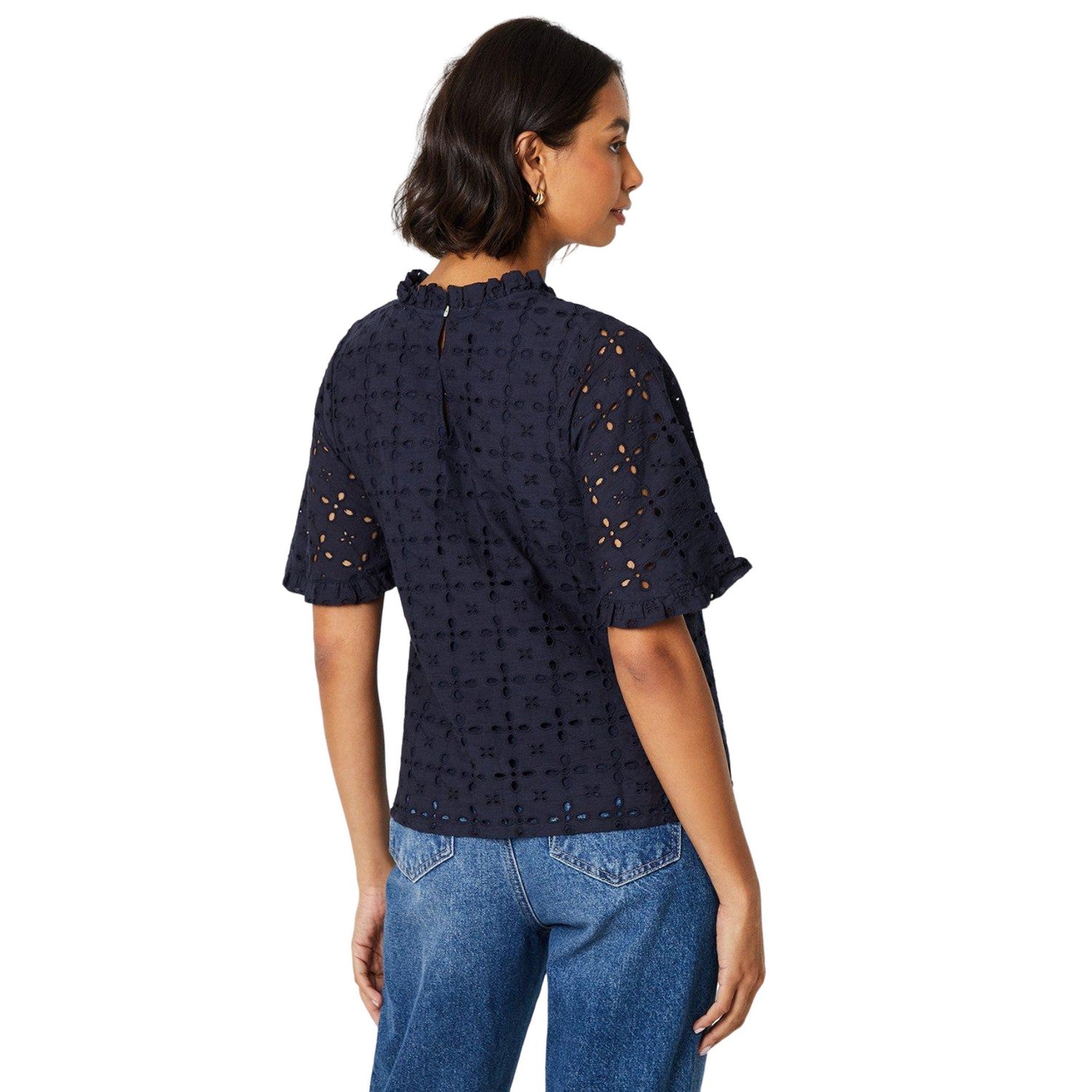 Navy - Back - Dorothy Perkins Womens-Ladies Victorian Broderie Short-Sleeved Top
